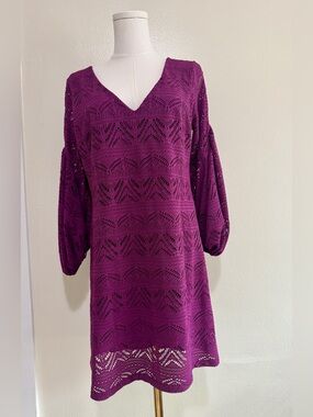 Maeve Plum Crochet V-Neck Balloon Sleeve Dress